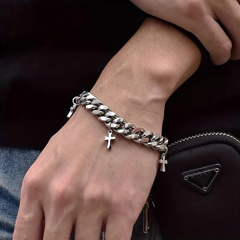 Men's titanium steel geometric bracelet with cross design and cold wind style finish