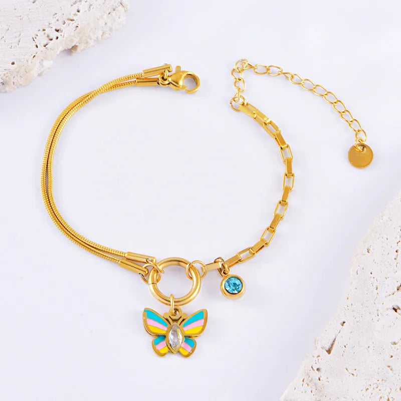 Gold titanium steel butterfly pendant necklace and bracelet set with snake bone chain style for women