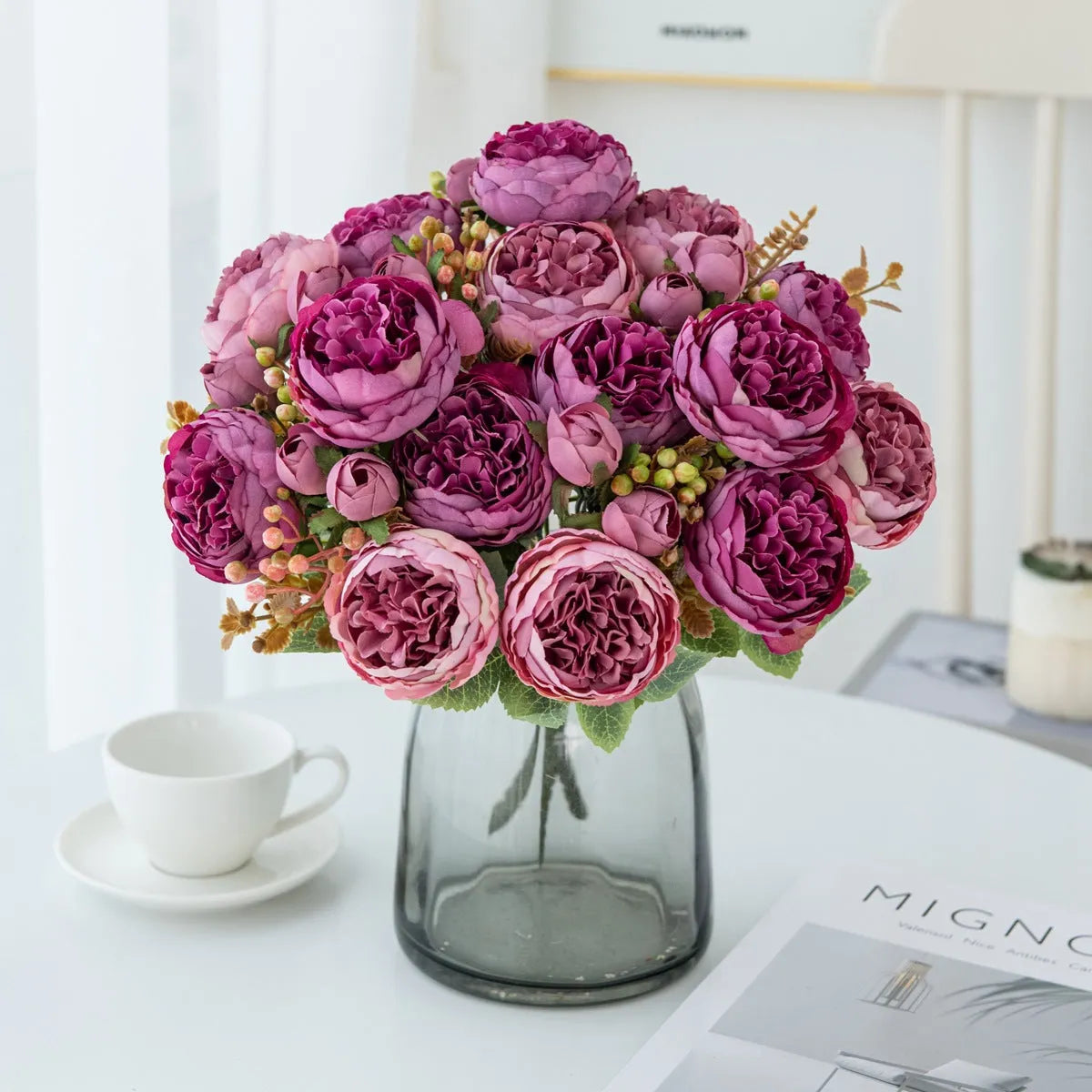 Silk artificial peony flower bouquet in champagne colour for home or wedding decoration