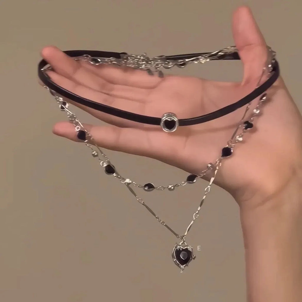 Women's adjustable multi-layer twin necklace set with artificial crystal heart pendants on leather and alloy chains