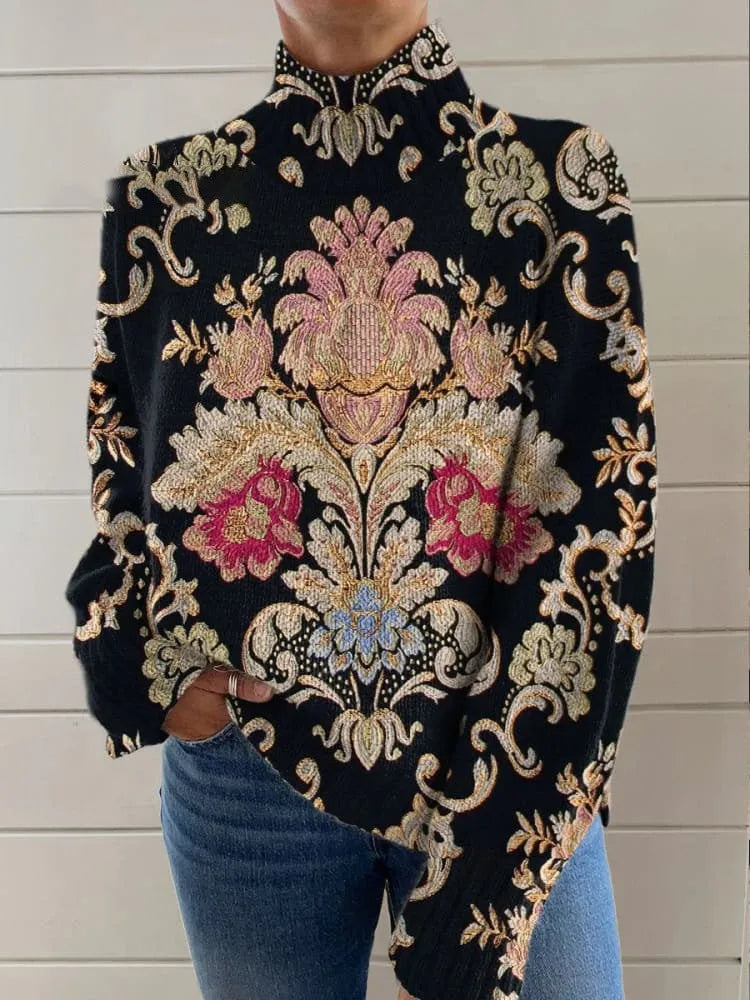 Black long sleeve turtleneck sweater with a 3D printed pattern, shown in a loose fit.