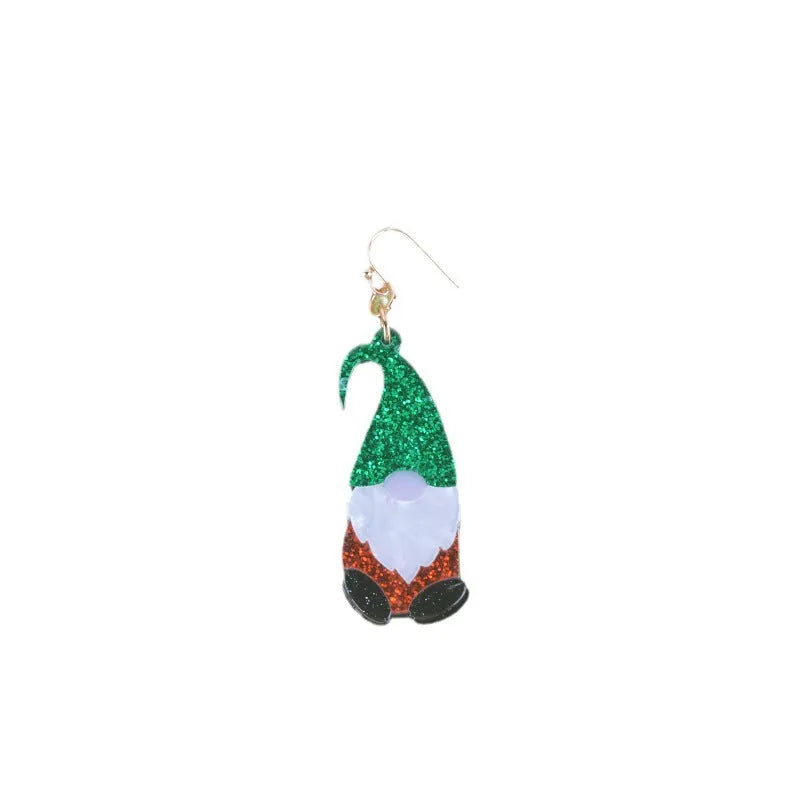 Santa Claus character acrylic earrings in green, red, and red-green hat colour variations
