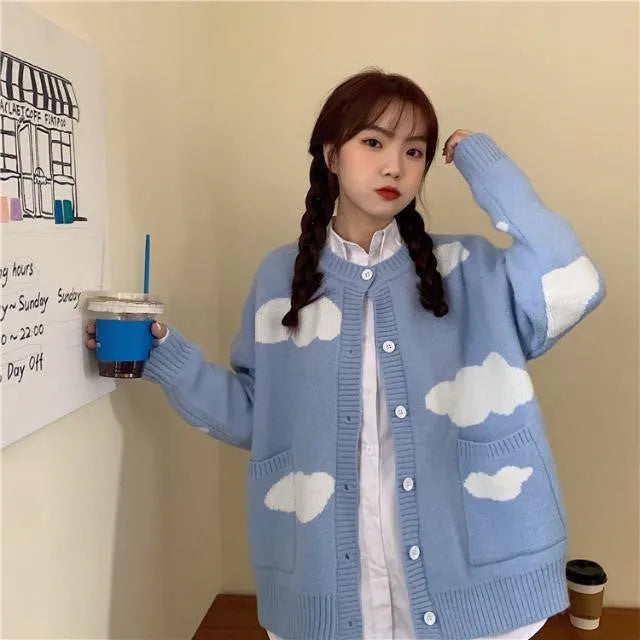 Women's loose fit blue spandex cardigan with cloud pattern and long sleeves