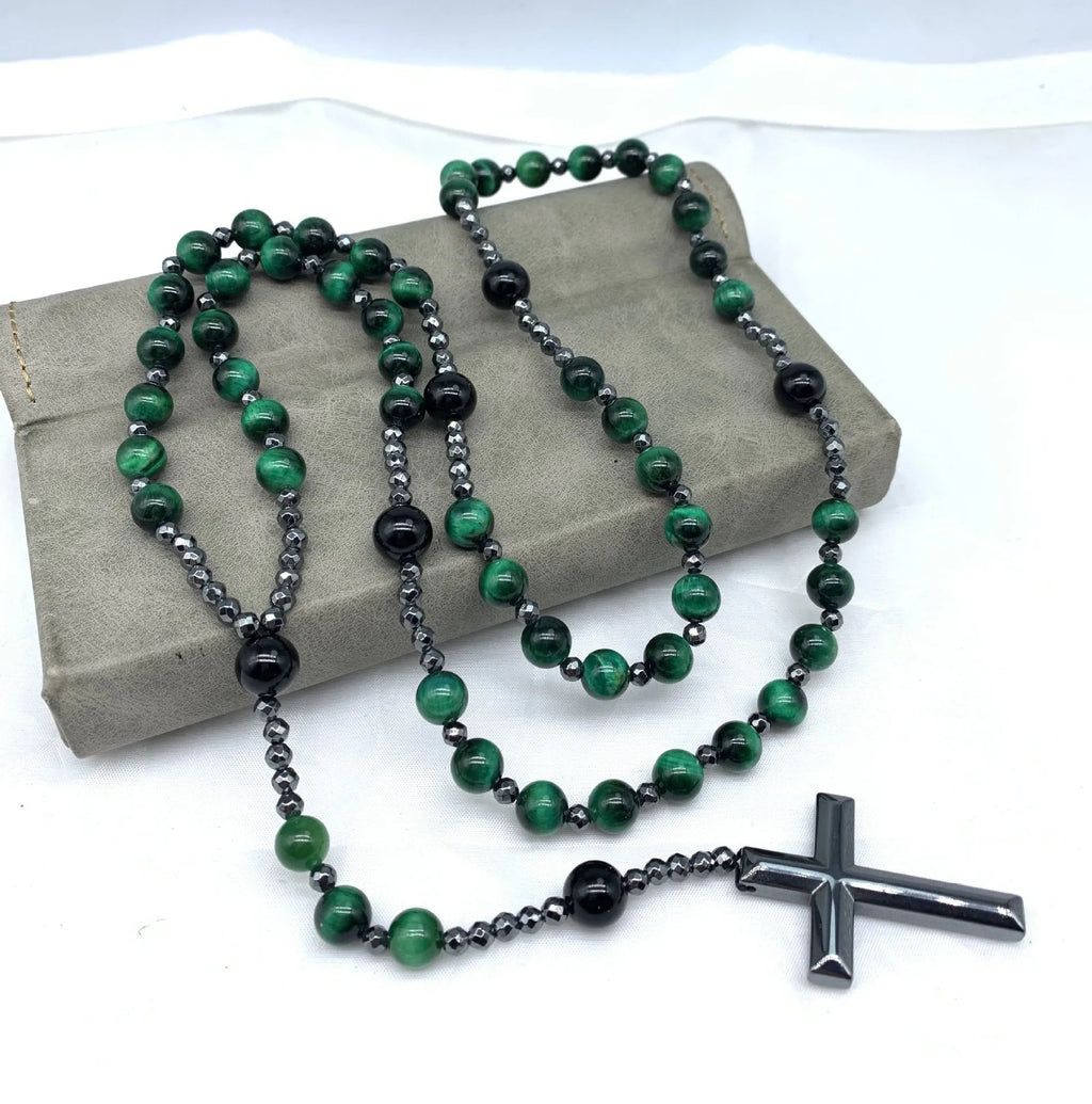 Men's cross pendant necklace with hand-woven stone geometric design on ball bead chain
