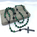 Men's cross pendant necklace with hand-woven stone geometric design on ball bead chain
