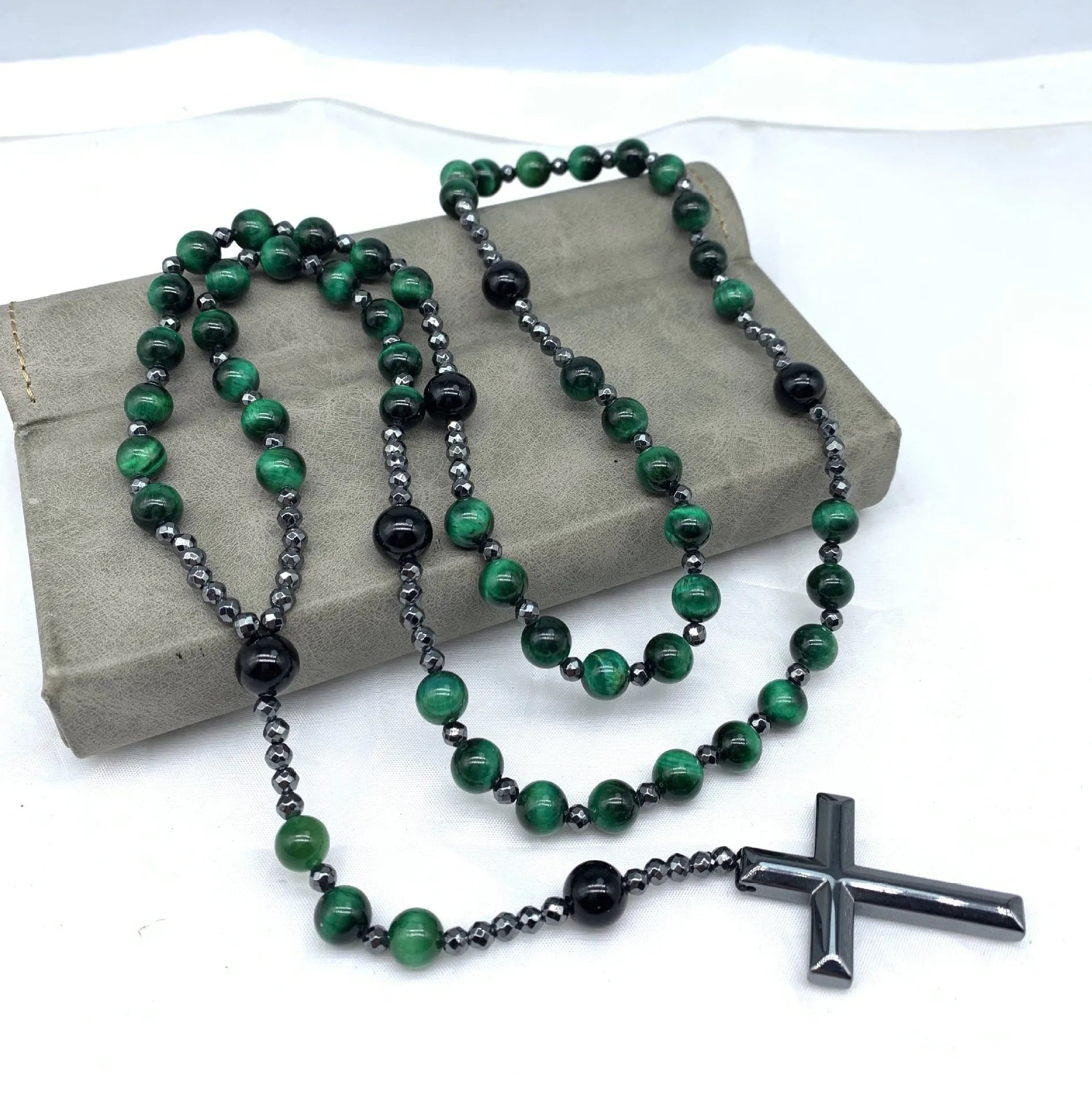 Men's cross pendant necklace with hand-woven stone geometric design on ball bead chain