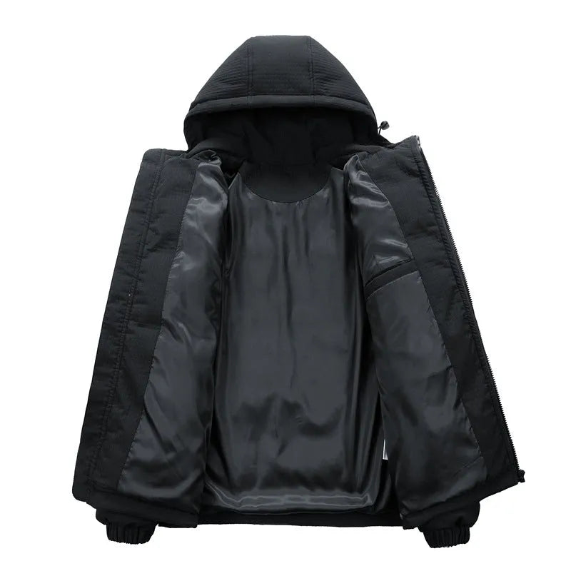 Men's black Korean-style hooded winter coat with letter-print detail and side pockets.
