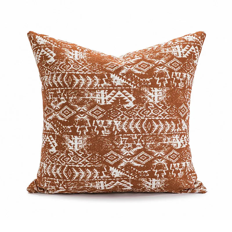 Coreless red brown and solid colour sofa cushion with PP cotton filler on a living room sofa.