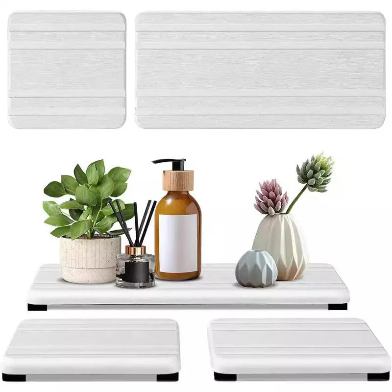 Square diatomaceous earth bathroom draining mat in solid colour on countertop