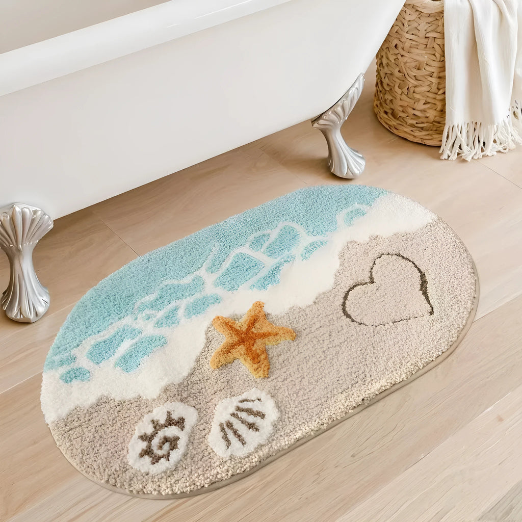 Square rainbow pattern floor mat with blue and colourful design on polyester with plastic bottom