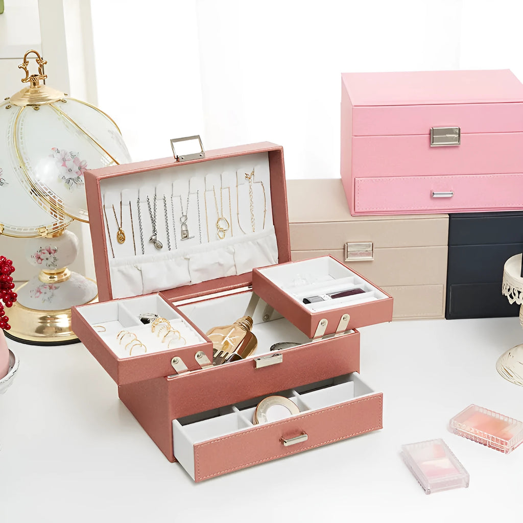 Hard PU leather jewelry storage box in a choice of four solid colours.