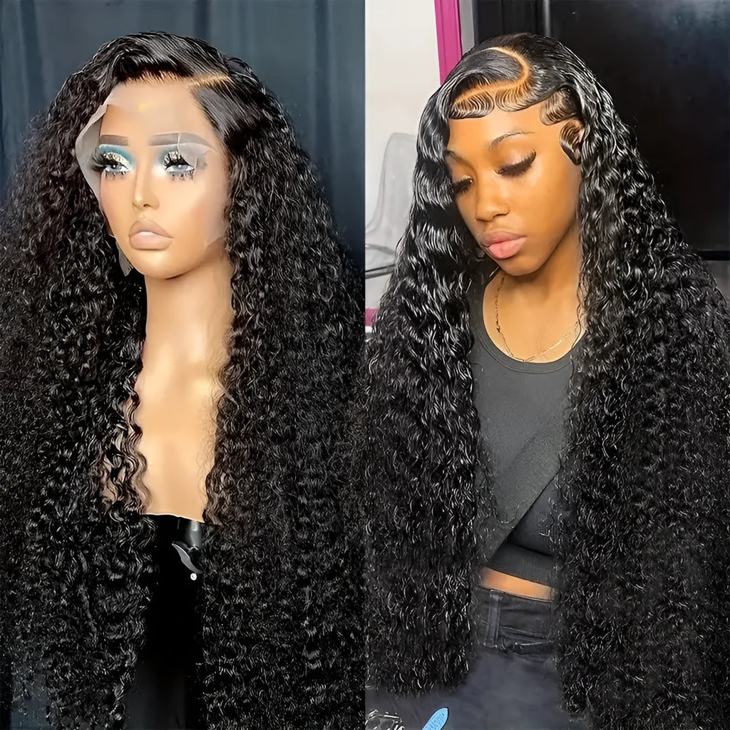 Black long curly Afro lace wig made from high-temperature fibre, shown with side bangs.