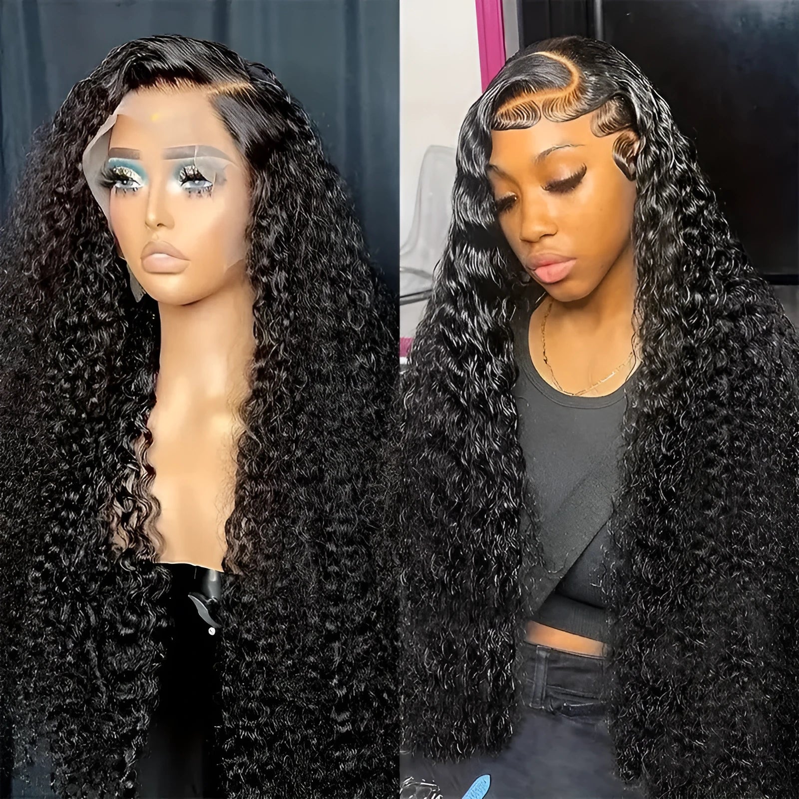 Black long curly Afro lace wig made from high-temperature fibre, shown with side bangs.