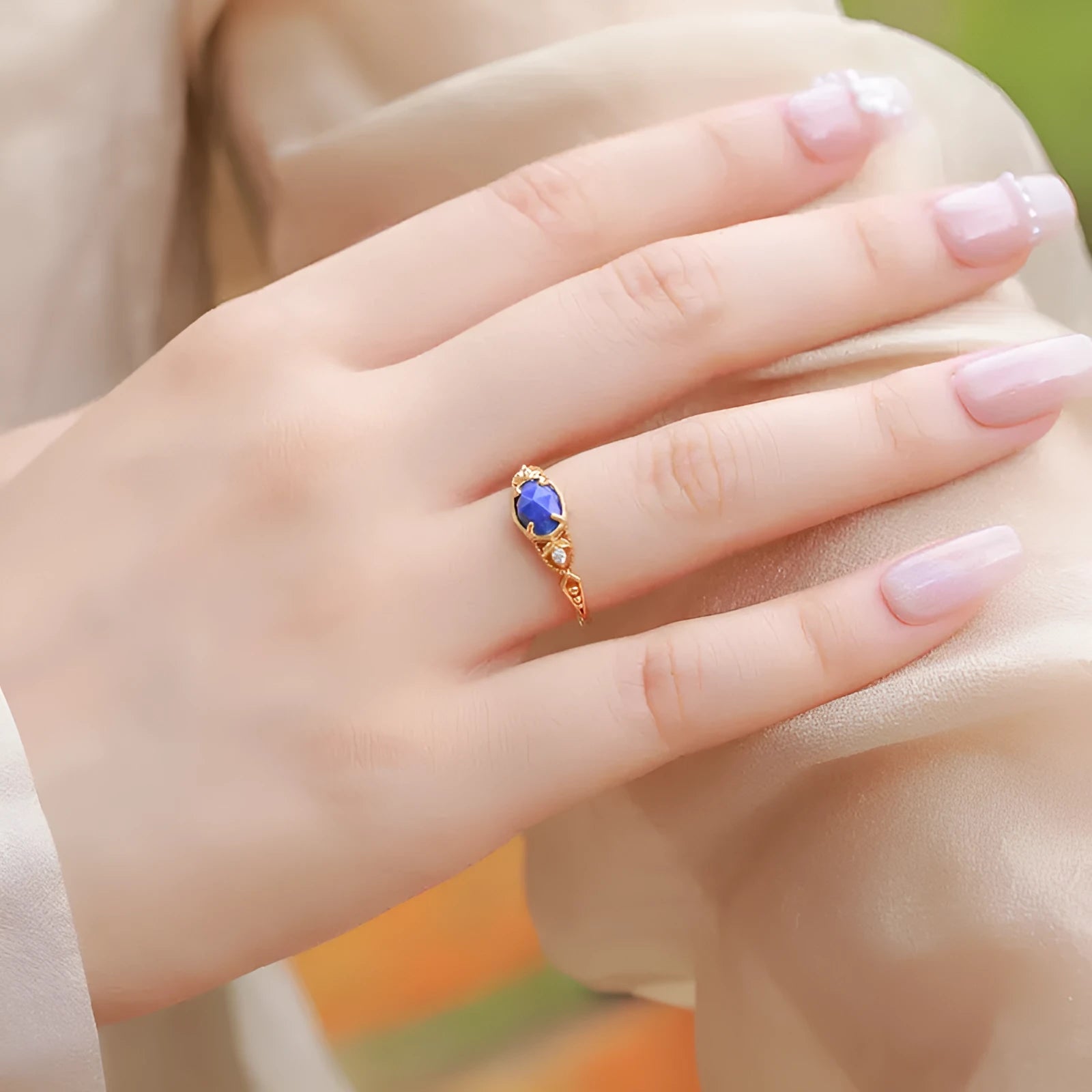 Silver lapis lazuli ring with ellipse stone and geometric Japanese-style design for women