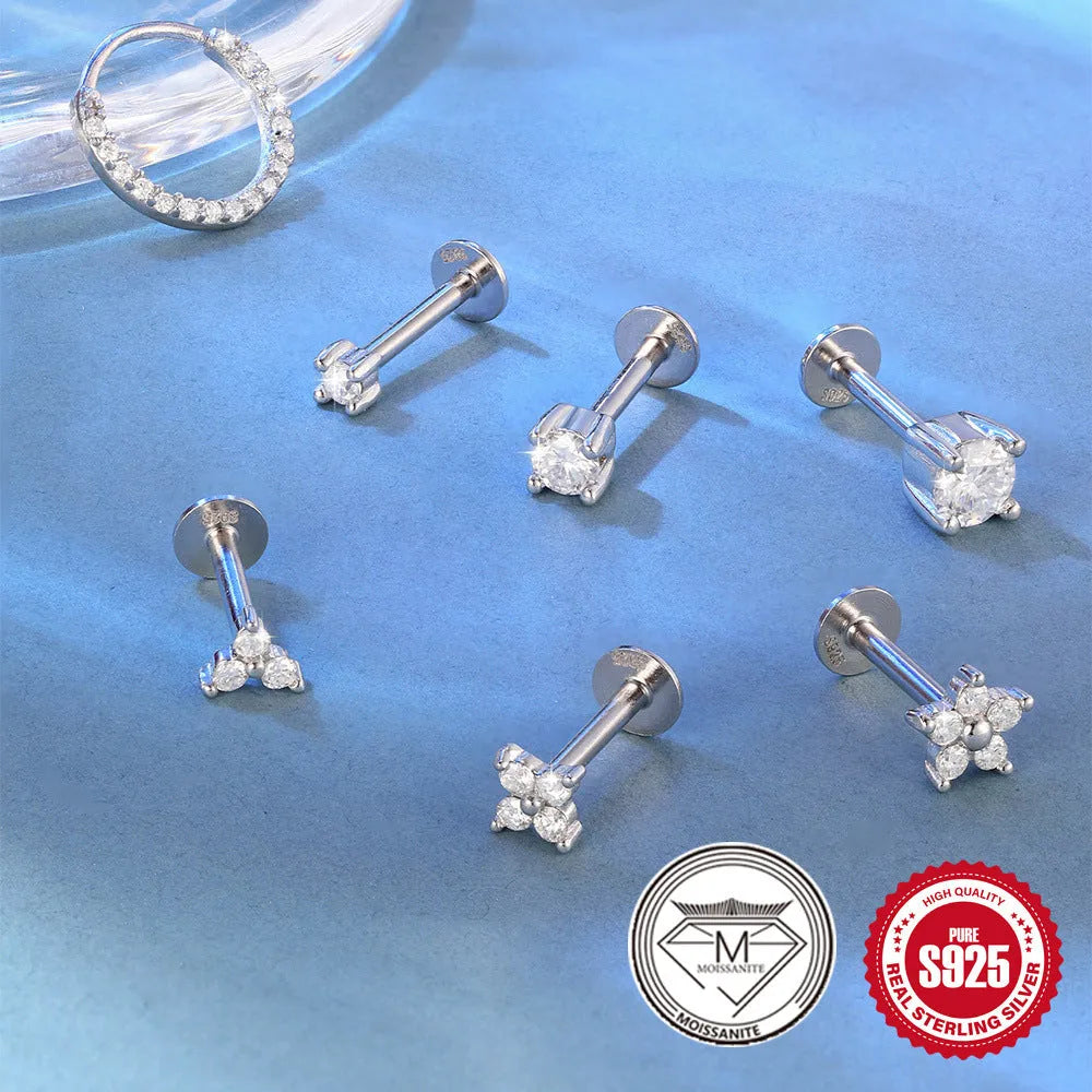 S925 sterling silver geometric petal stud earrings with platinum finish showing diamond in debris design