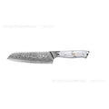 Damascus pattern chef's knife with 21cm blade and 11cm handle showing modern simple design