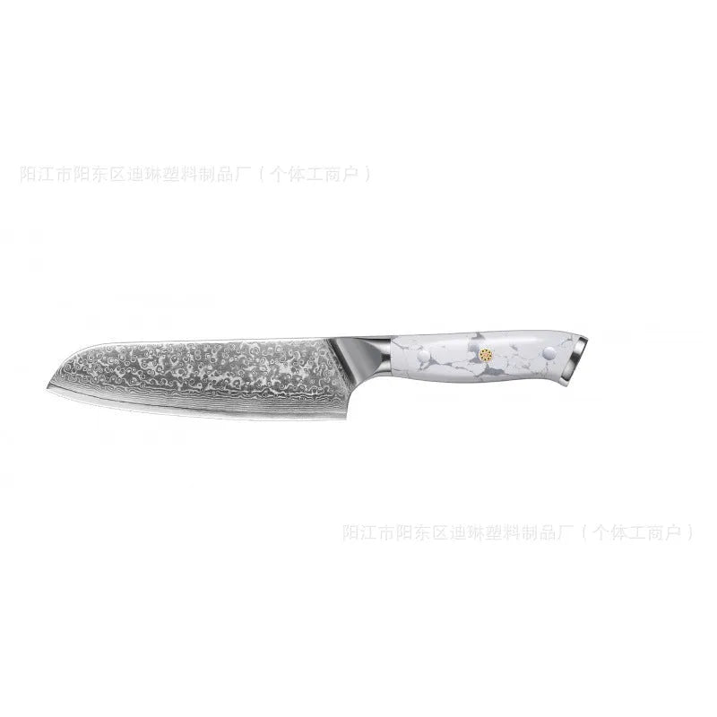 Damascus pattern chef's knife with 21cm blade and 11cm handle showing modern simple design