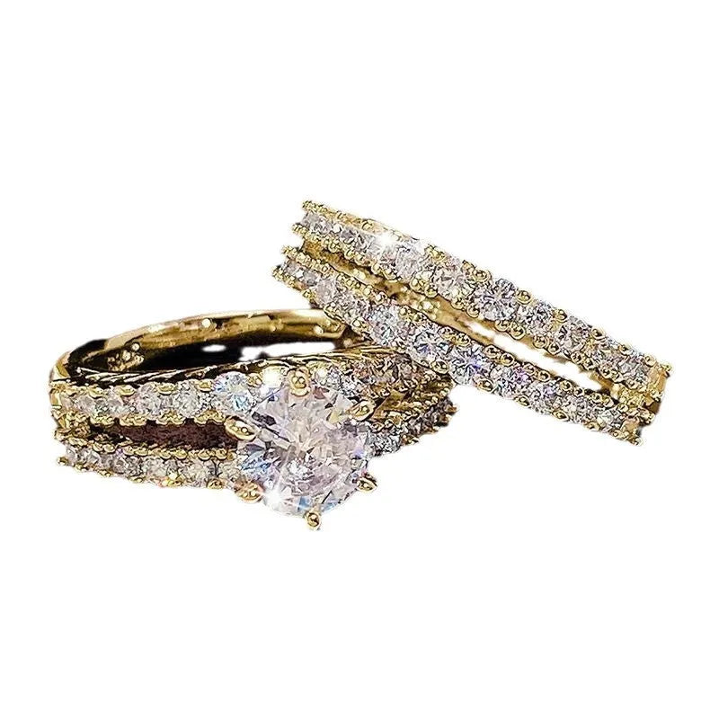 2 in 1 fully jewelled female ring set in geometric design with diamond treatment, shown in silver, gold, and rose gold colours