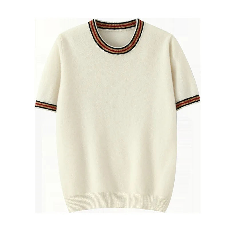 Men's grey short sleeve wool sweater with a round neck, laid flat