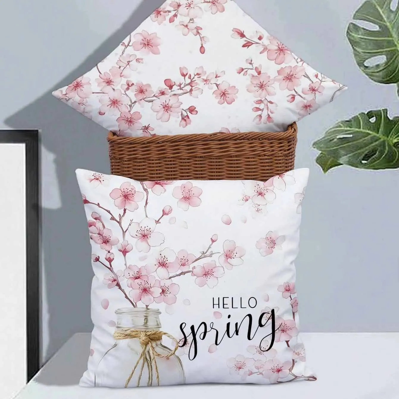 Cherry blossom letter design on a 45cm square short velvet cushion cover