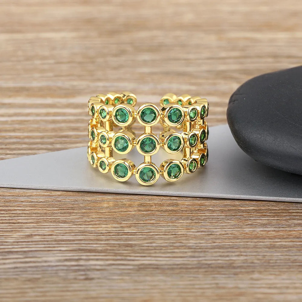 Copper gold plated three-layer wide ring with zircon details, exaggerated construction