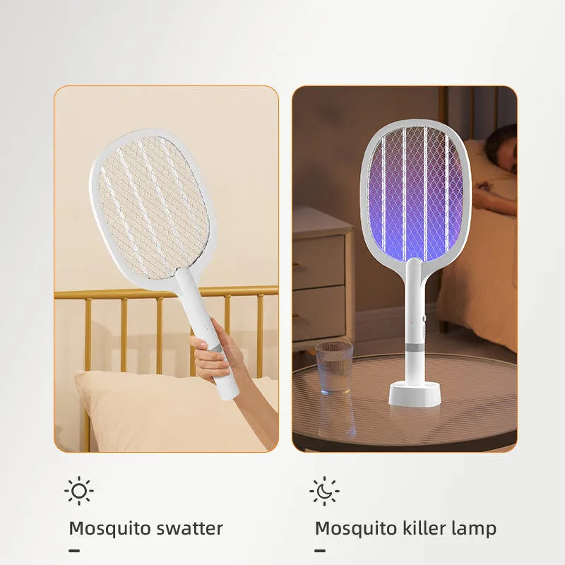 Blue rechargeable electric mosquito swatter with double metal mesh grid for insect elimination