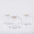 Transparent plastic drinking cup with spill-proof lid showing 301-400ml capacity