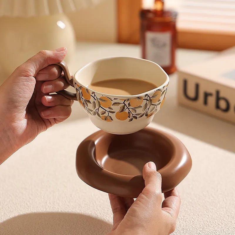 Antique style ceramic coffee cup and saucer set with 210ml capacity in retro Medieval colours
