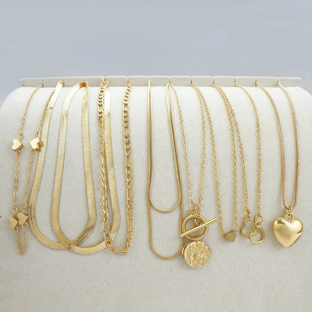 Gold electroplated women's necklace set with 10 pieces and adjustable 21-50cm length