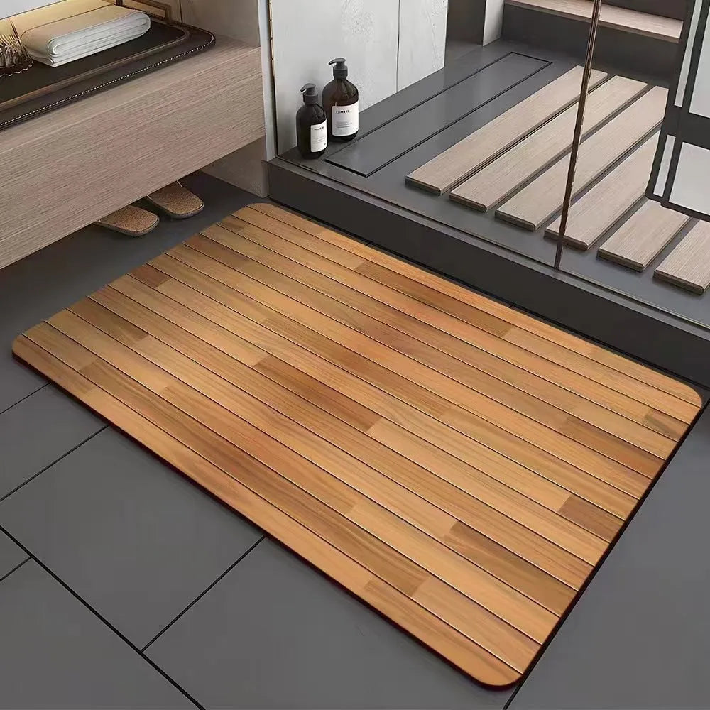 American style square diatom ooze floor mat with wood grain geometric pattern, shown in a bathroom setting.