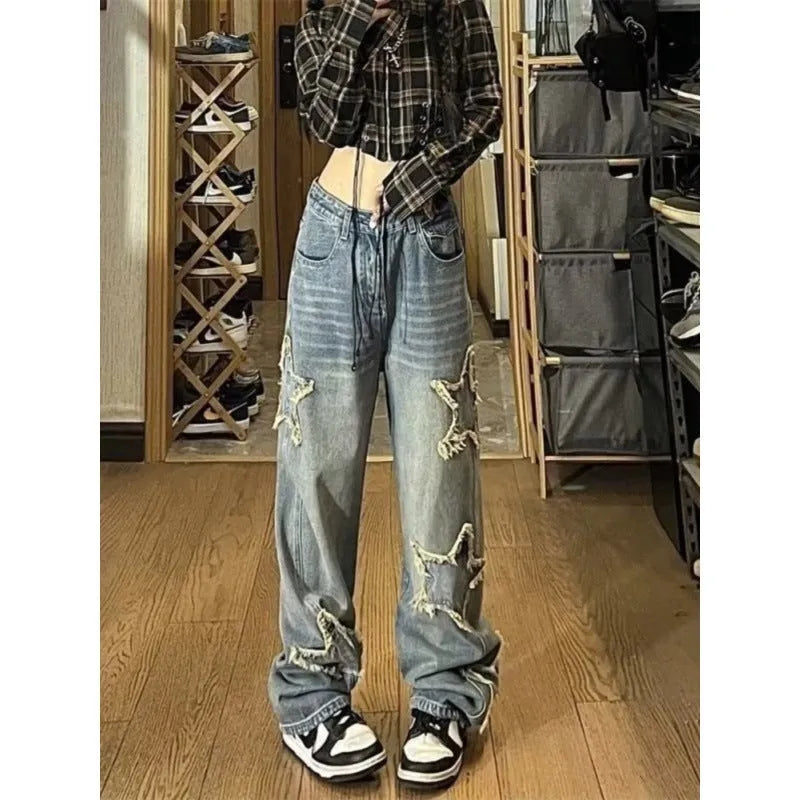 Women's blue straight-leg denim jeans with high waist and cotton micro-elastic fabric