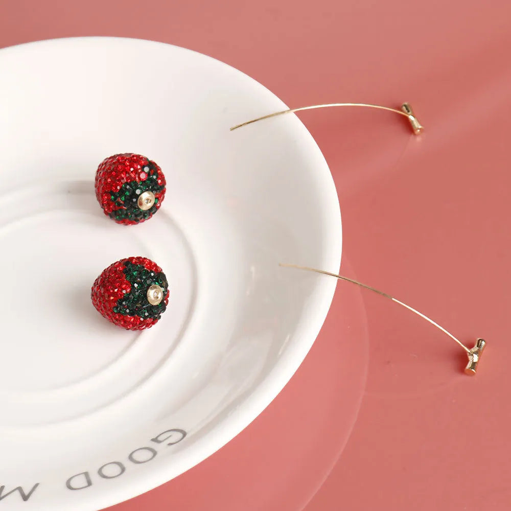 Geometric spot drill strawberry stud earrings for women in red, pink, purple, champagne, pink white or white powder.