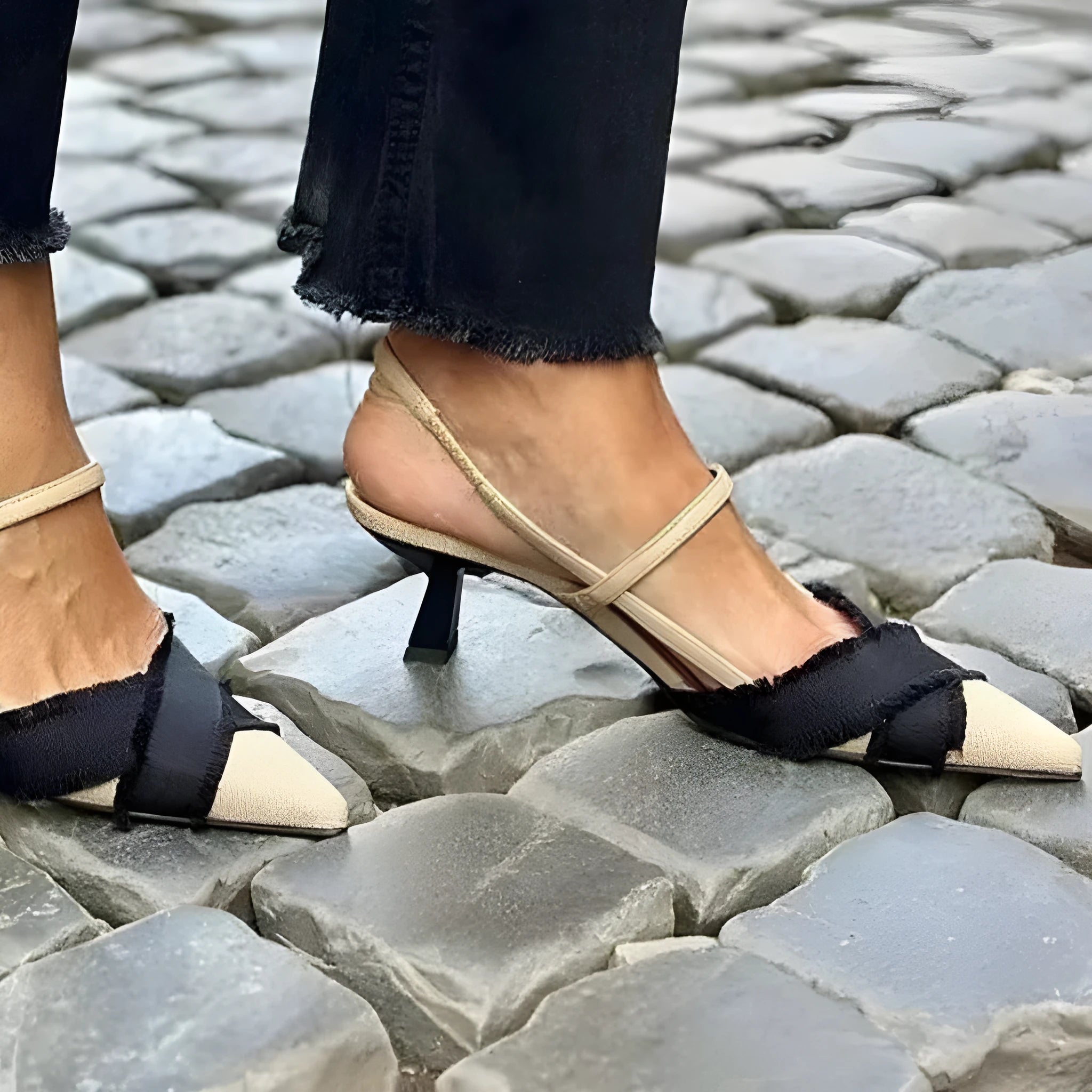 Apricot black colour block women's stiletto sandals with a pointed toe and buckle fastening.