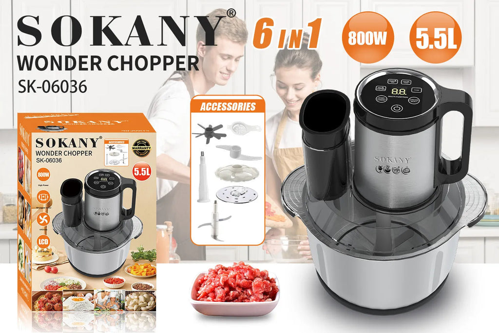 Stainless steel meat grinder with 5L capacity and adjustable speed controls for baby food preparation