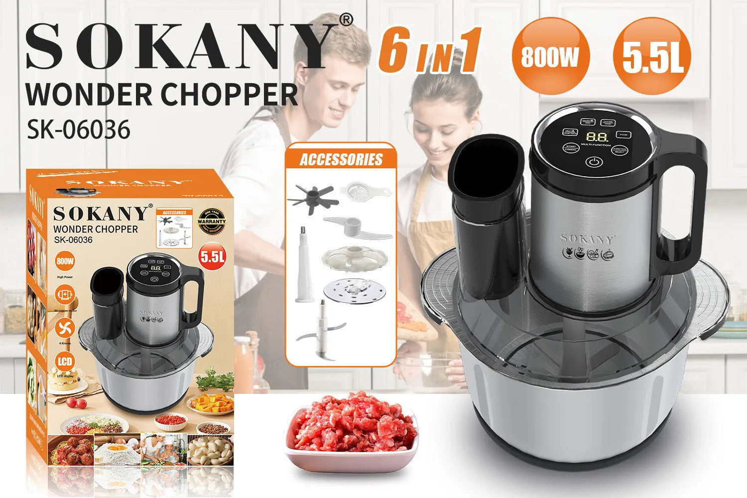 Stainless steel meat grinder with 5L capacity and adjustable speed controls for baby food preparation