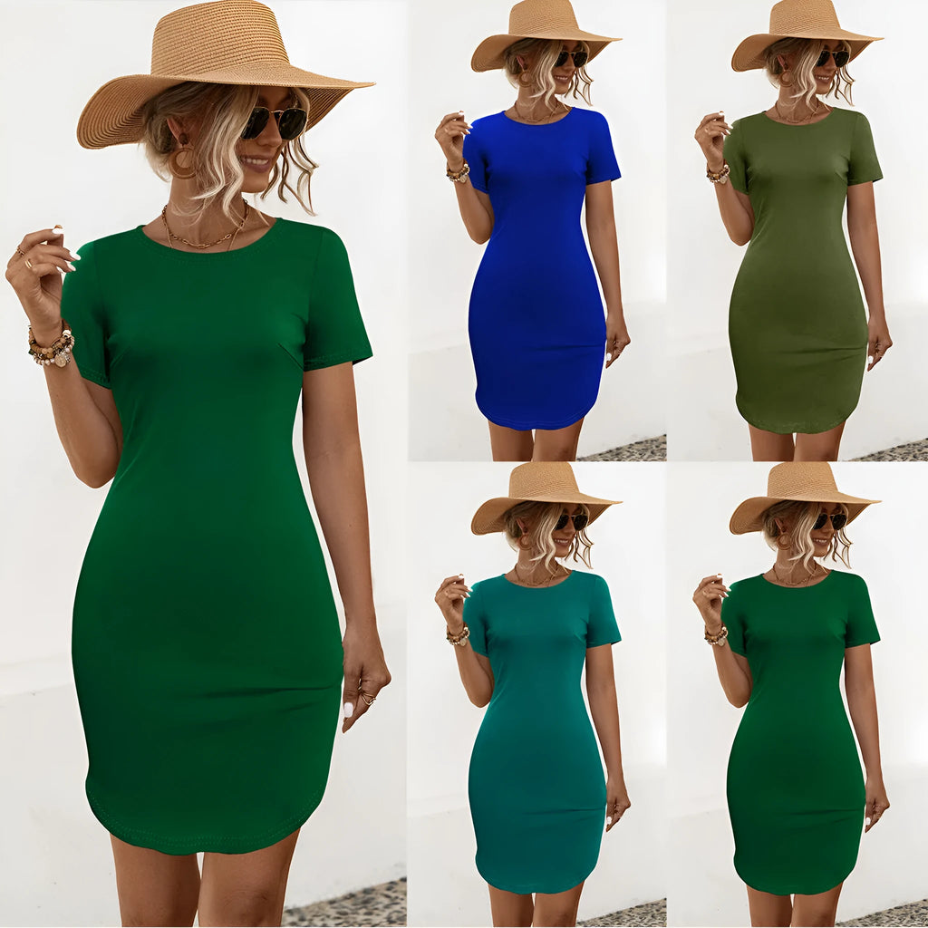 Women's solid colour slim fit dress with U-shaped split and short sleeves in cotton blend fabric