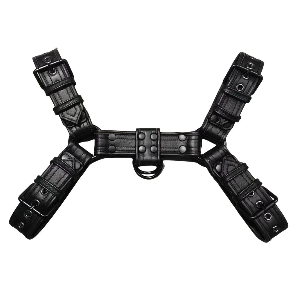 Black leather men's chest harness with metal buckle closures adjustable for 85-115 cm torso