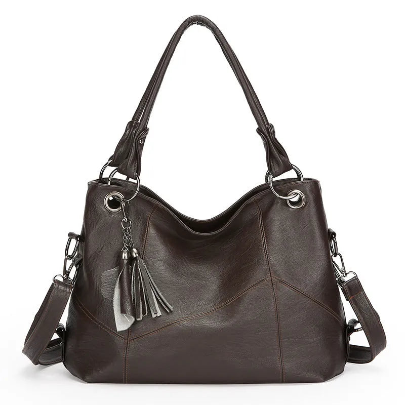 Retro large capacity soft PU stitching handbag in black, brown, coffee, wine red, with sandwich pocket and internal organisation