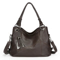 Retro large capacity soft PU stitching handbag in black, brown, coffee, wine red, with sandwich pocket and internal organisation