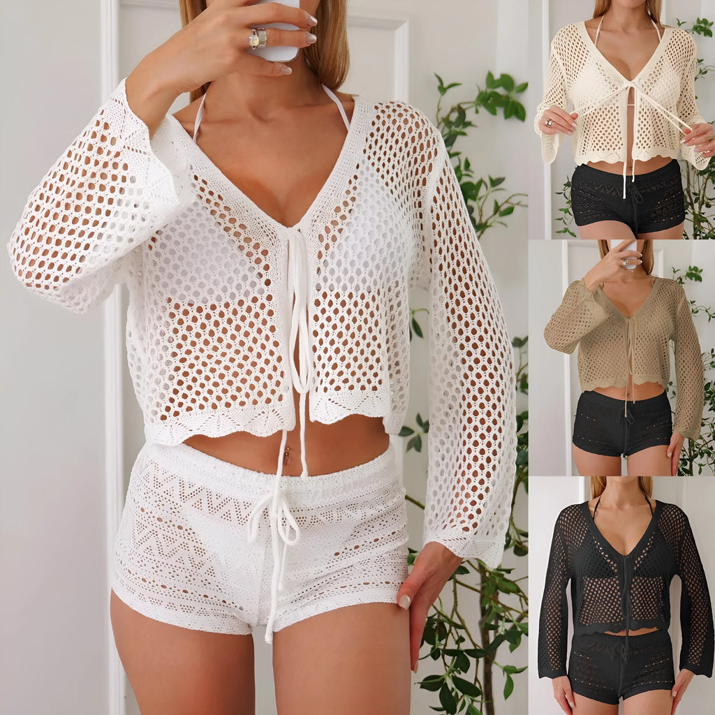 Women's hollow woven cardigan blouse with bell sleeves in apricot colour showing texture detail
