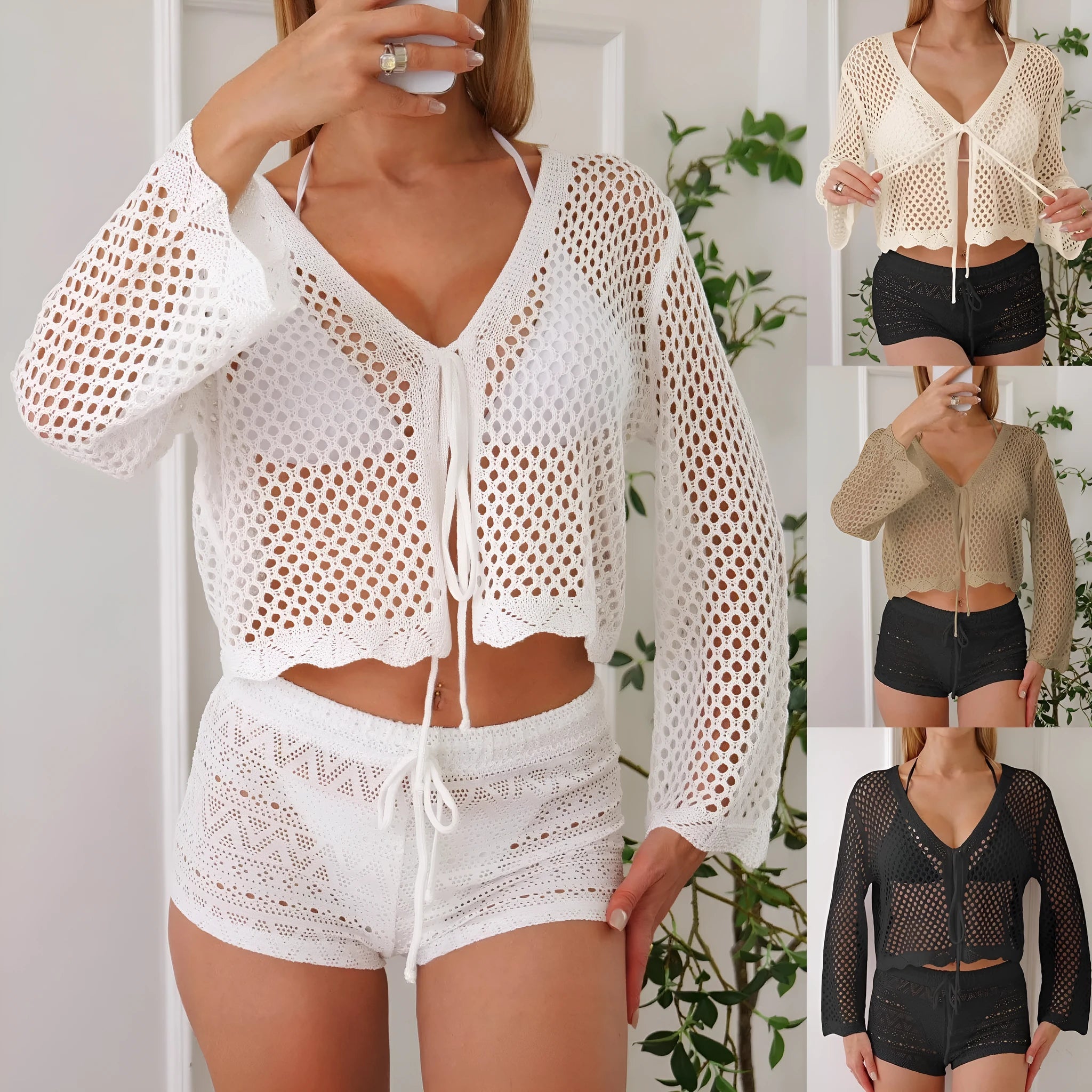 Women's hollow woven cardigan blouse with bell sleeves in apricot colour showing texture detail