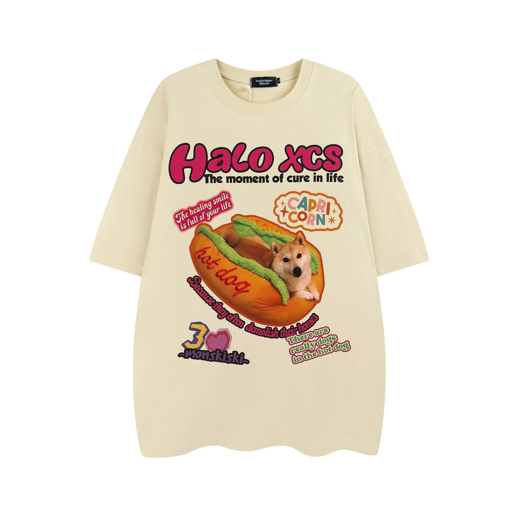 Cotton couple's t-shirt with cartoon hamburger dog print in short sleeve round neck style