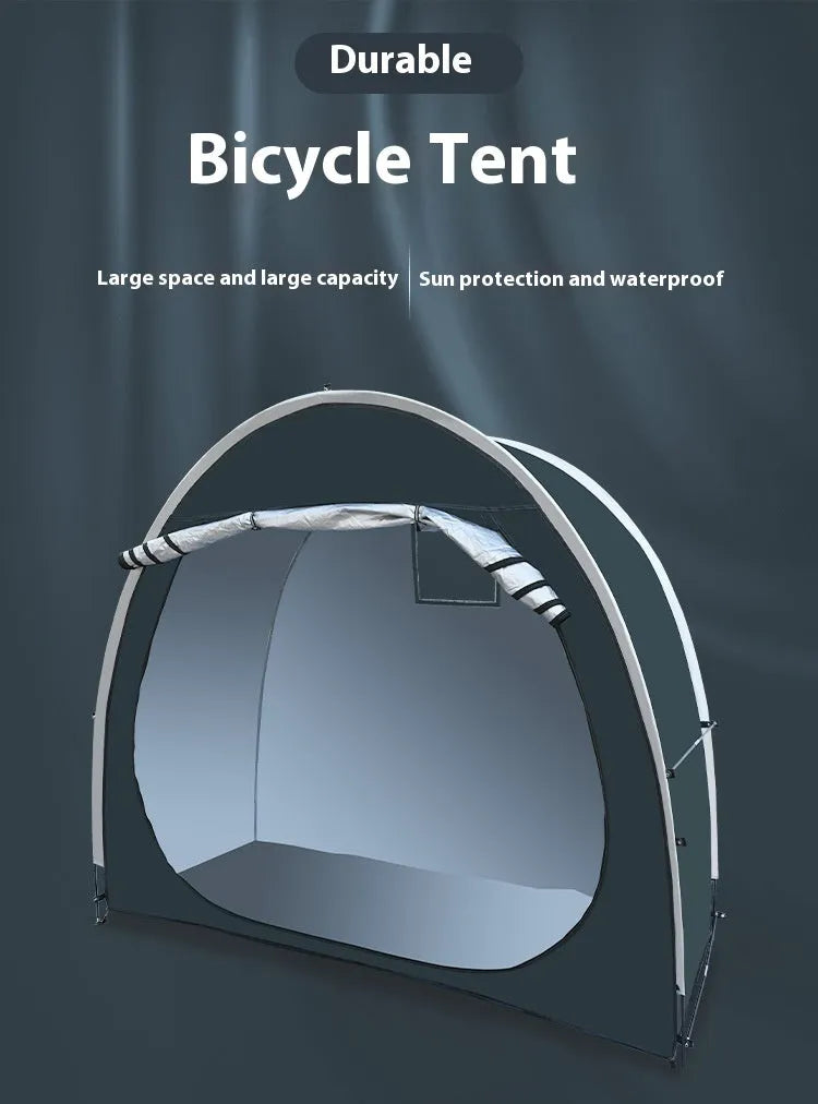Large black outdoor bicycle storage tent sheltering multiple bikes