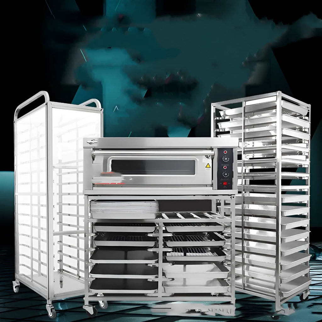 Stainless steel six-layer baking tray rack with lock for 40x60cm commercial trays.