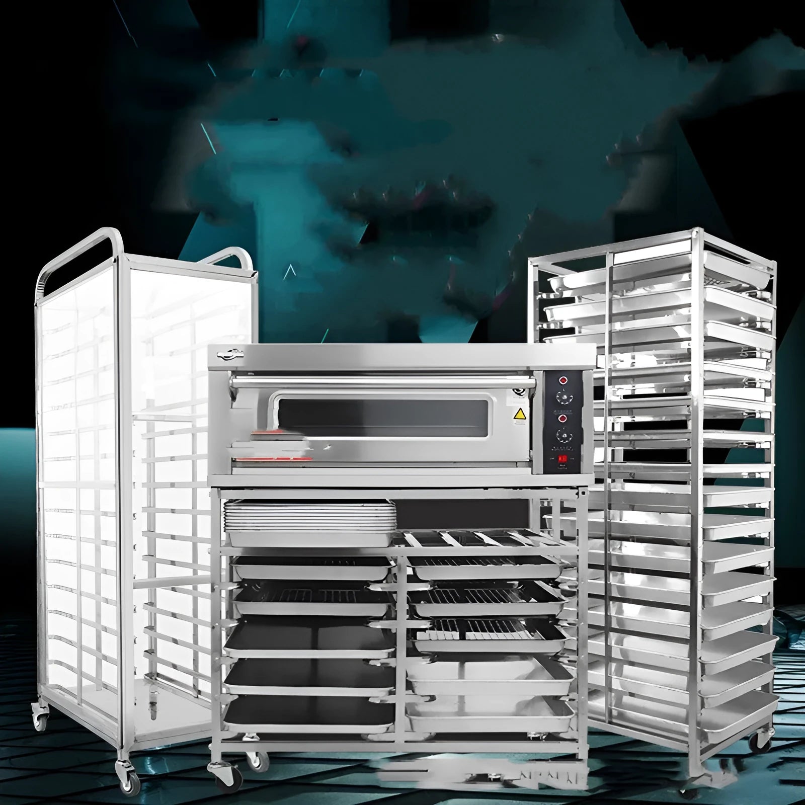 Stainless steel six-layer baking tray rack with lock for 40x60cm commercial trays.