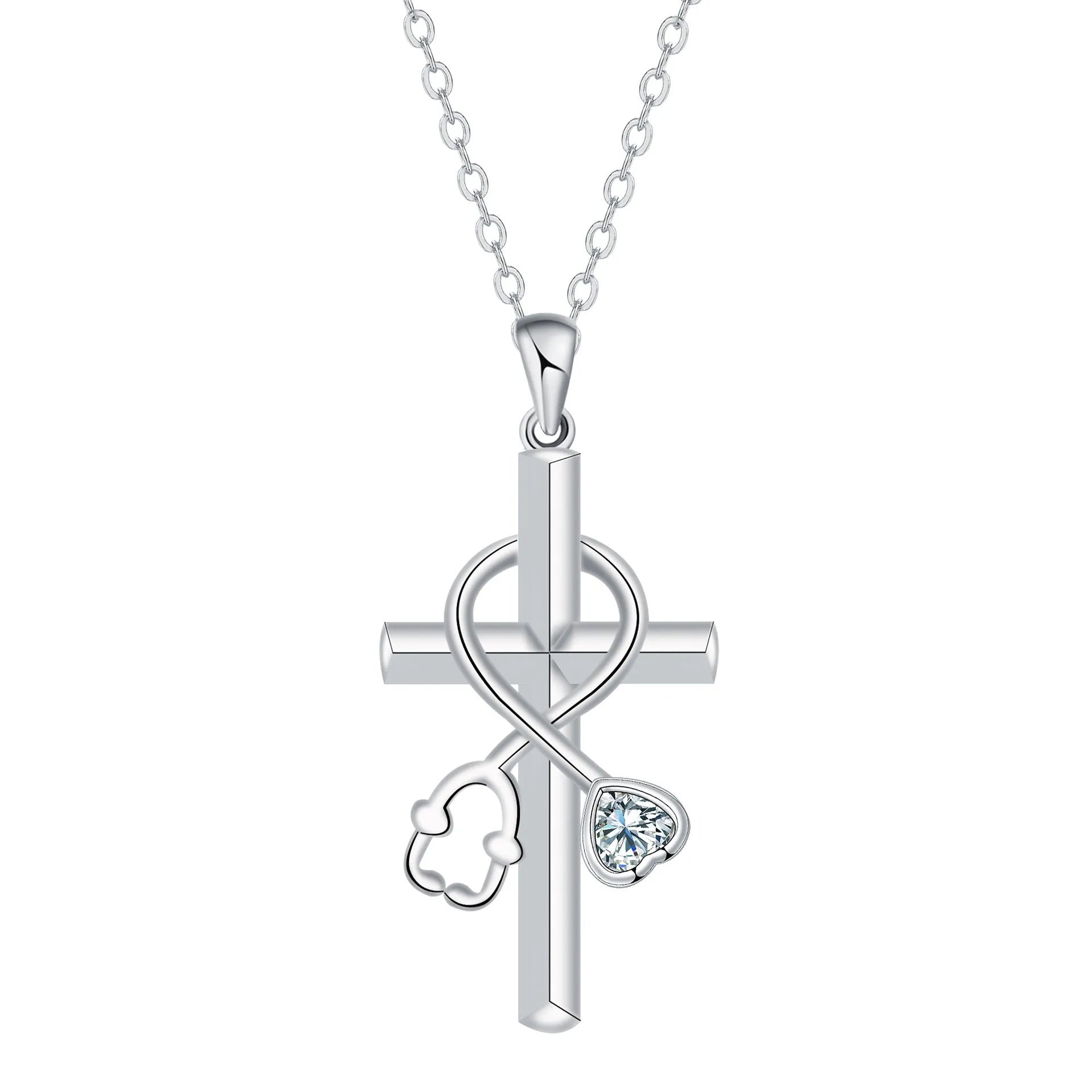 Cross stethoscope necklace with copper pendant on cross chain, electroplated finish