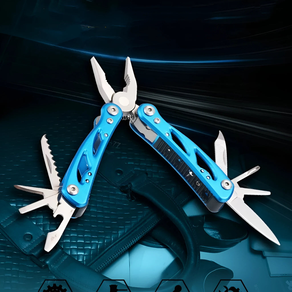 Blue outdoor portable multi-function pliers fruit knife with stainless steel 420 aluminium construction and Oxford bag
