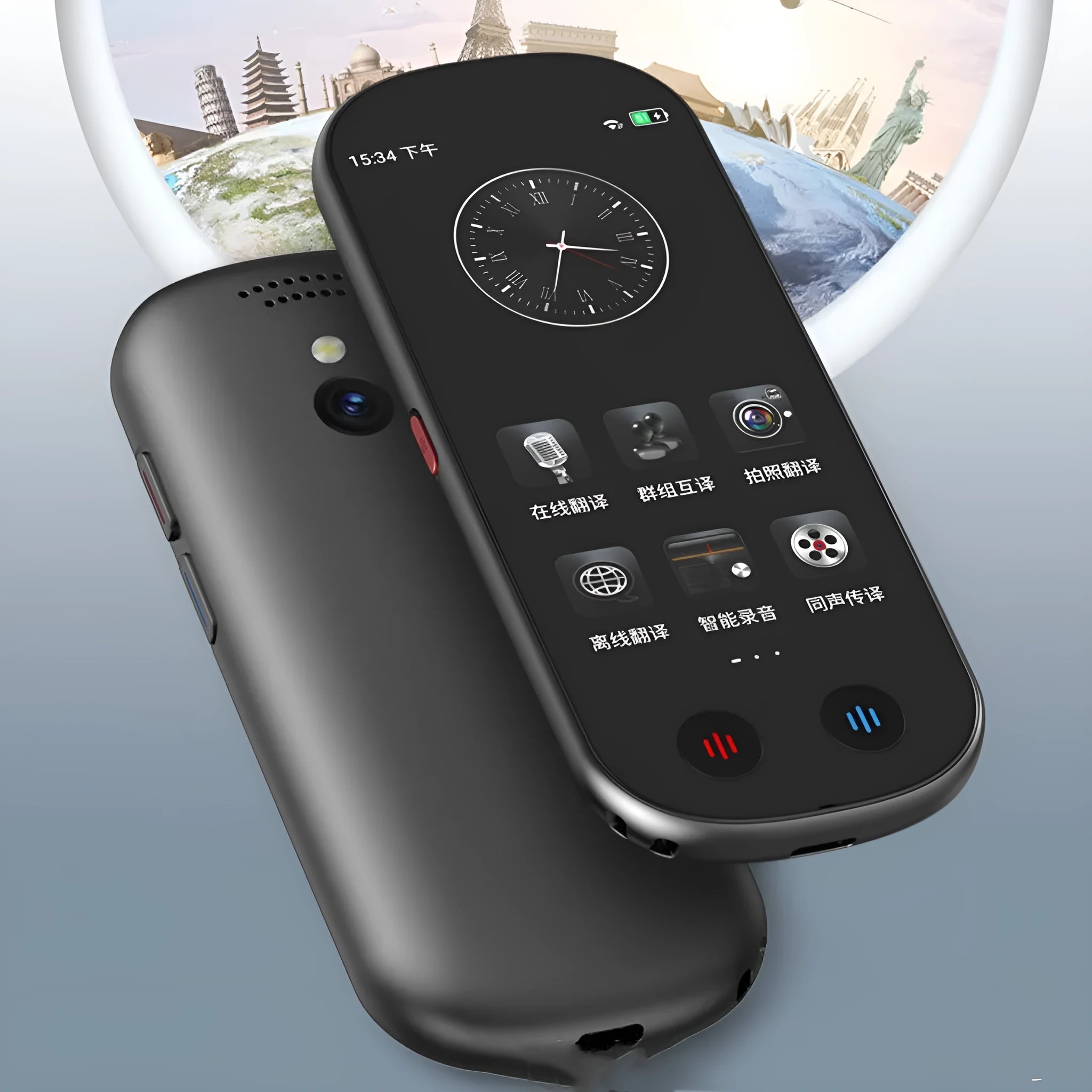 Black multi-language simultaneous interpretation translator with lanyard and charging cable for business use.