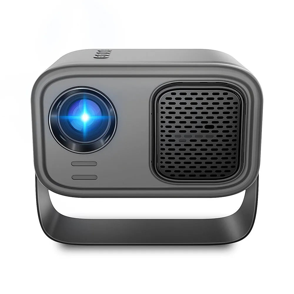 Black HD smart portable projector with remote control on table