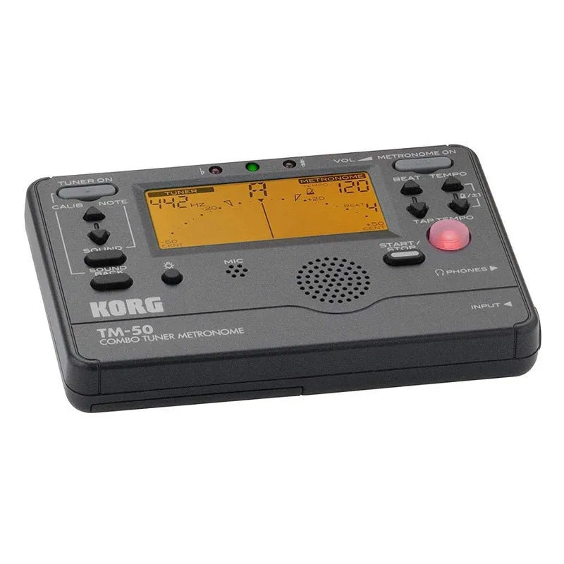 TM-60 black and white plastic electronic metronome tuner with digital display.